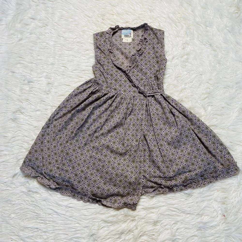 Peek Girls Midi Ruffled Wrap Dress Cap Sleeve Taupe Plum‎ Boho Size Large